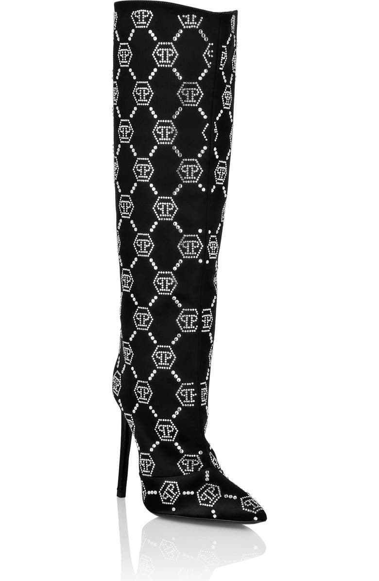 PHILIPP PLEIN Satin Boots High Heels Mid Strass Monogram Women, Main, color, Black/Crystal