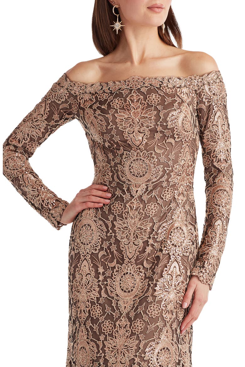 Sequin & Lace Off the Shoulder Long Sleeve Gown, Alternate, color, GINSENG
