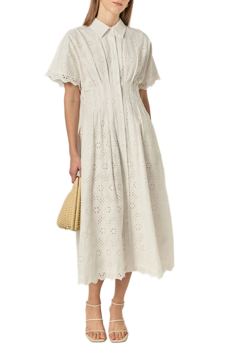 Eyelet Cinched Waist Midi Shirtdress, Alternate, color, WHITE