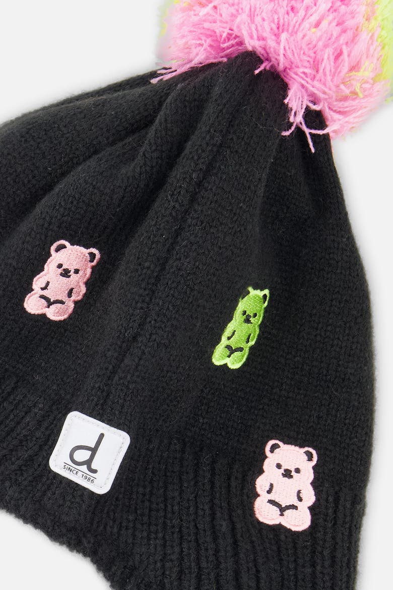 Winter Peruvian Gummy Bear Fleece-Lined Pompom Knit Hat, Alternate, color, Black, Pink, Blue and Green
