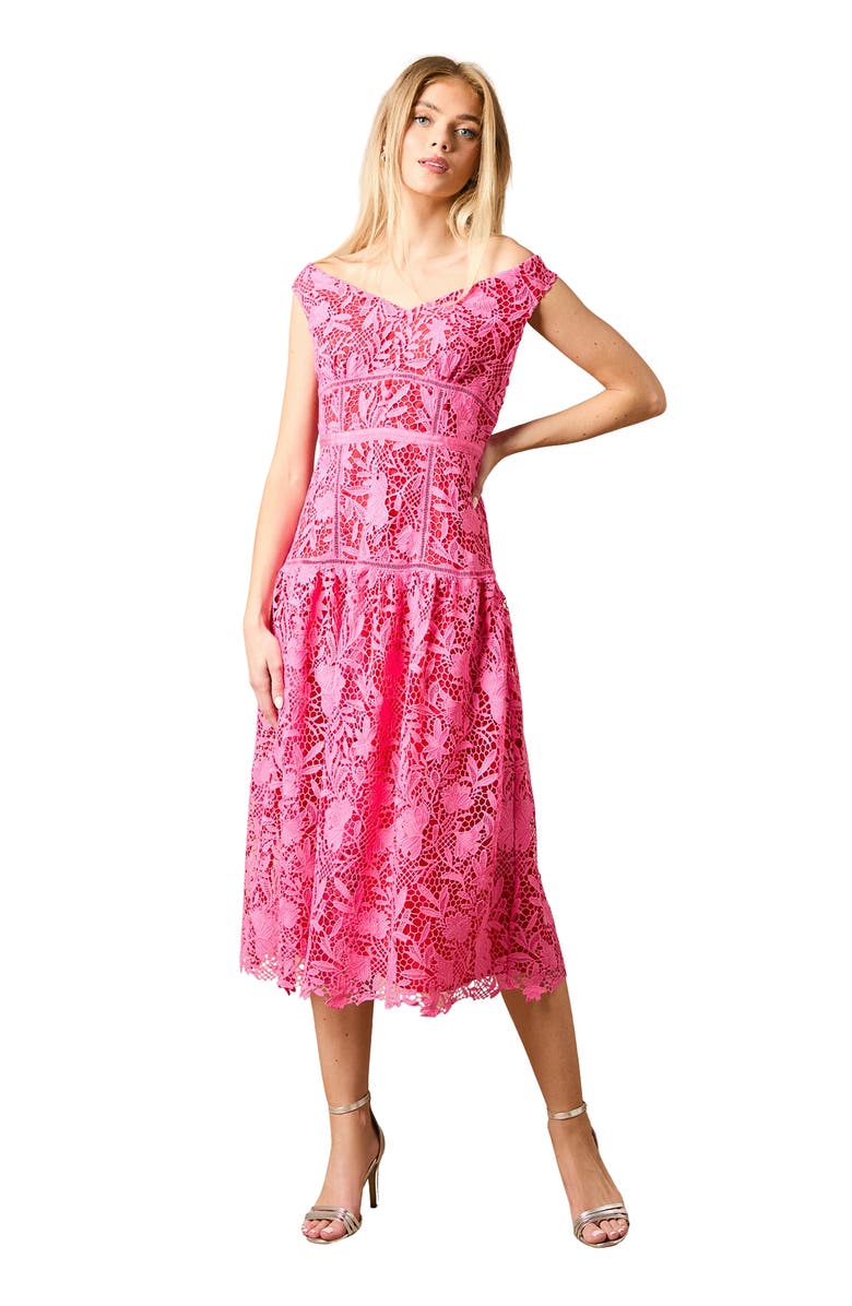 Oasis Floral Lace Off The Shoulder Midi Dress, Main, color, Pink