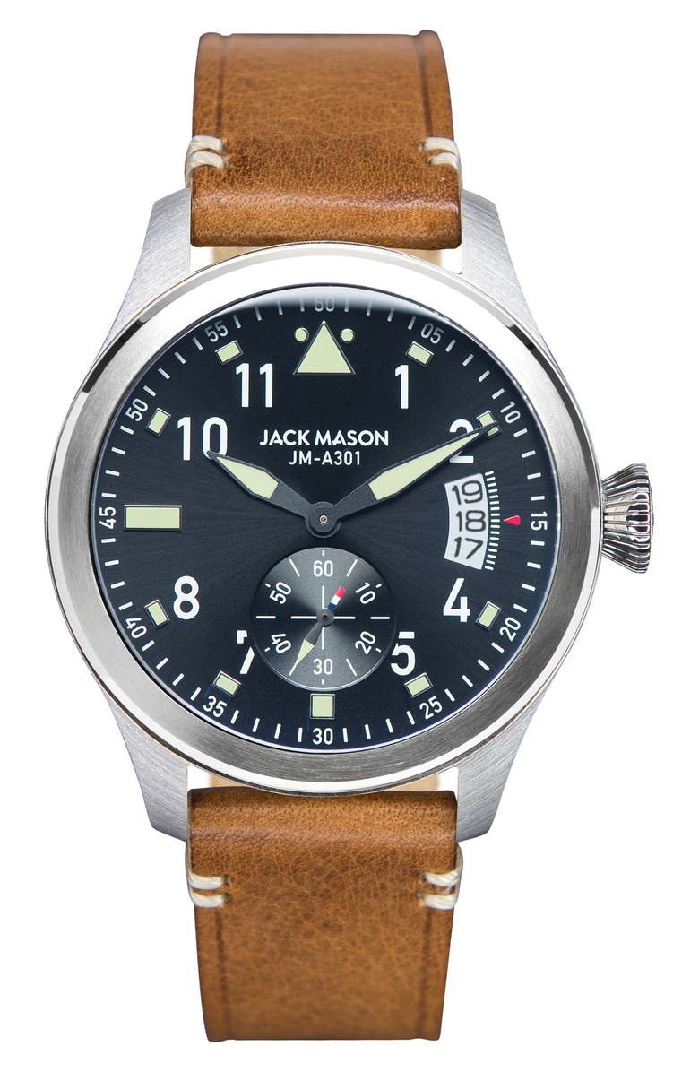 Jack Mason Aviation Leather Strap Watch, 45mm, Main, color,