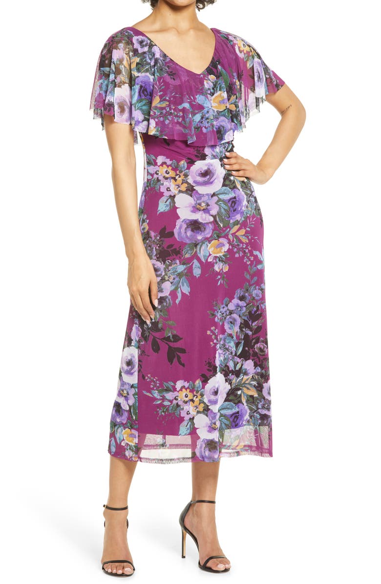 Connected Apparel Flutter Sleeve V-Neck Midi Dress, Main, color, 