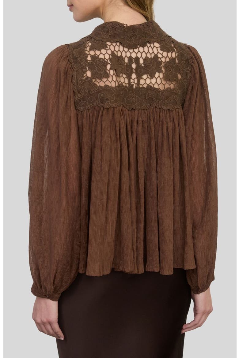 Lace Detail Tie Neck Top, Alternate, color, BROWN