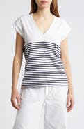 FRAME Le Mid Rise Stripe V-Neck Cotton T-Shirt