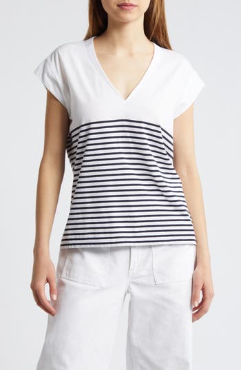 Frame Le Mid Rise Stripe V-neck Cotton T-shirt In Navy Multi