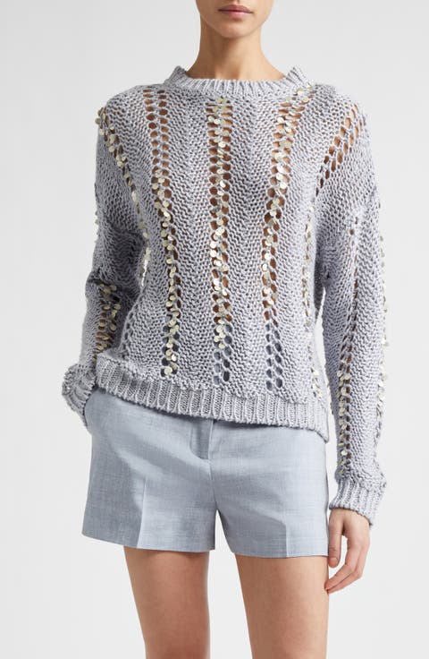 Paillette Hand Knit Cotton & Linen Blend Pointelle Sweater