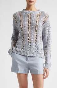 Eleventy Paillette Hand Knit Cotton & Linen Blend Pointelle Sweater