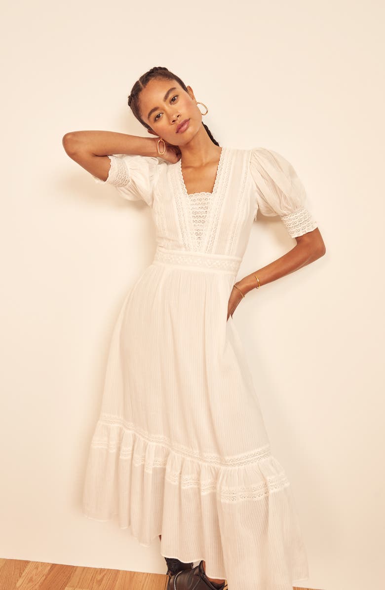 Reformation Betsie Lace Detail Organic Cotton Midi Dress, Alternate, color, 