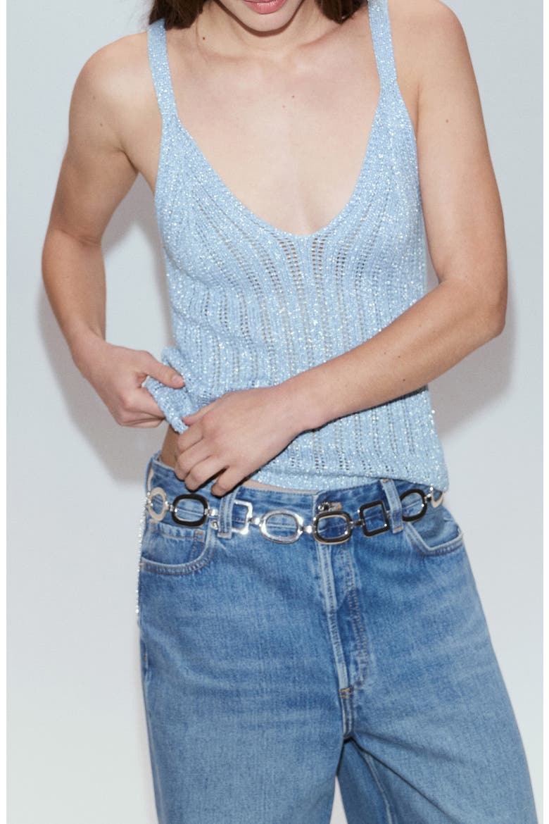 Metallic Openwork Knit Top, Main, color, SKY BLUE