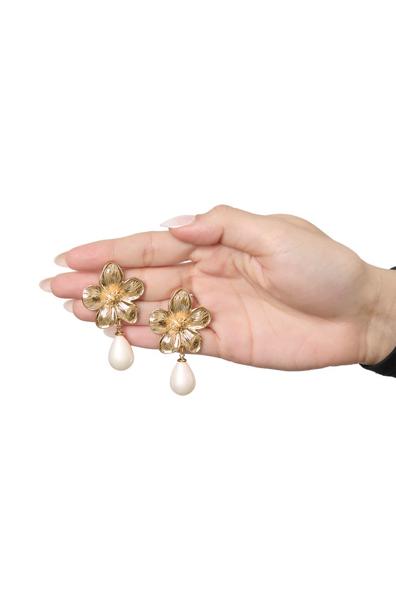 Gold-Tone Flower Earrings with Dangling Faux Pearl, Drop Earrings for Women, Alternate, color, Gold tone