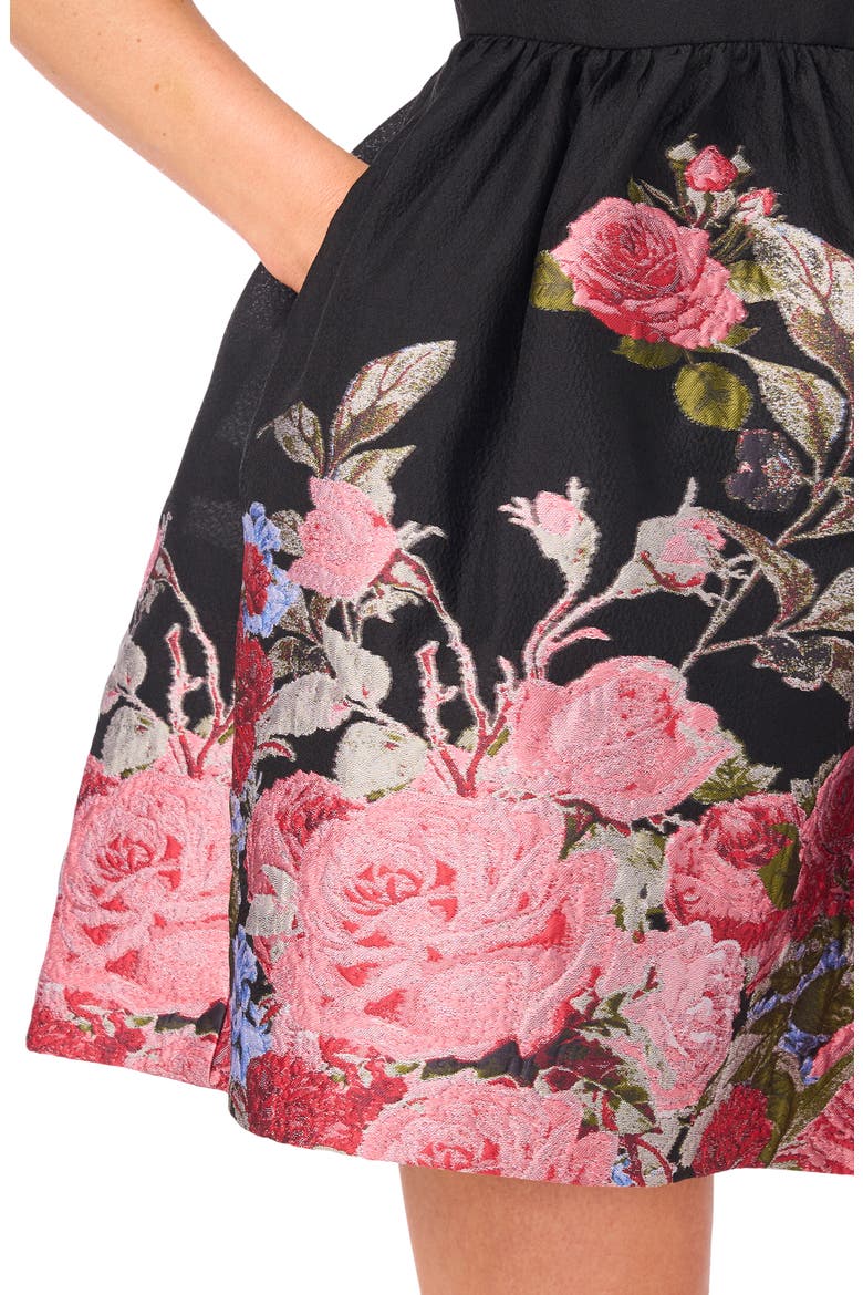 Placed Floral Short Sleeve Jacquard Fit & Flare Minidress, Alternate, color, RICH BLACK