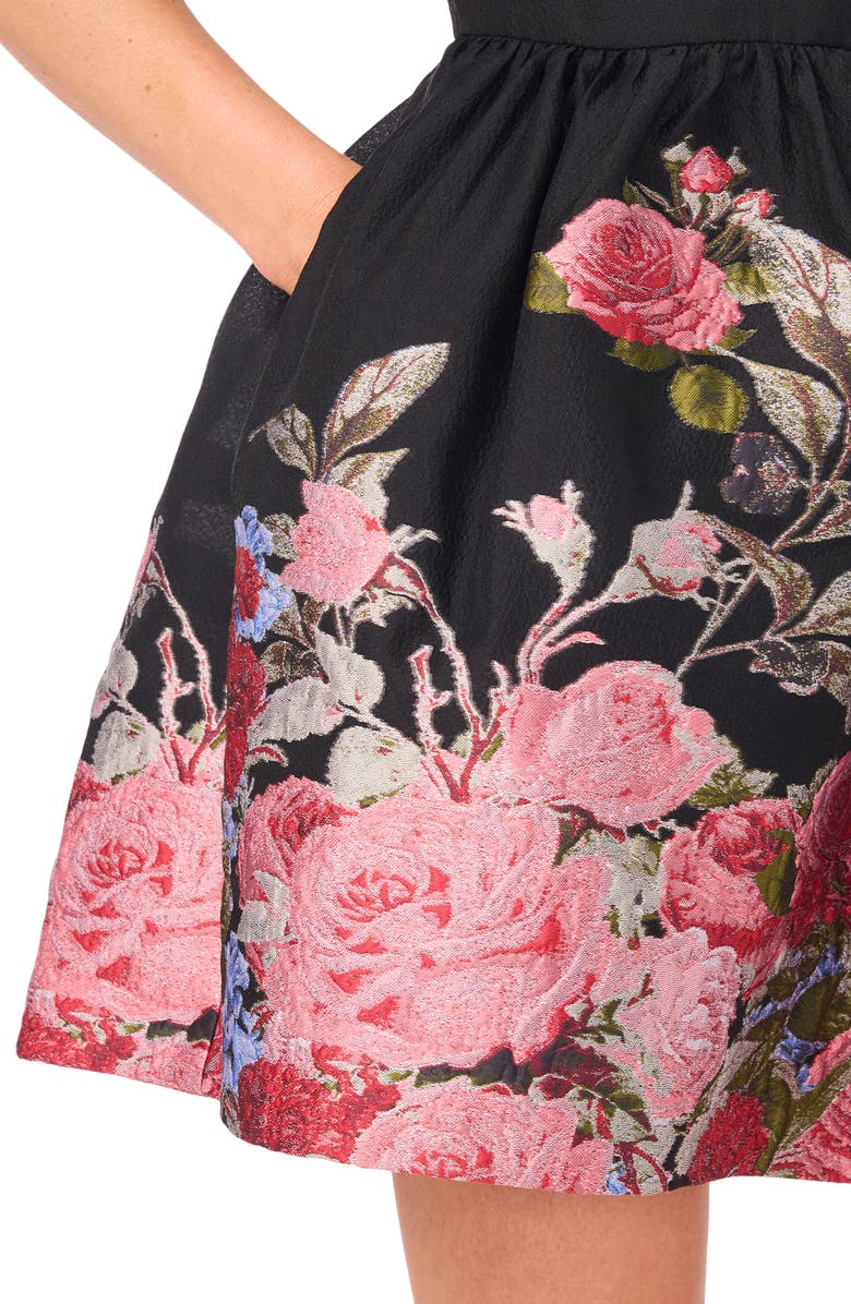 Ted Baker Placed Floral Short Sleeve Jacquard Fit & Flare Minidress, Alternate, color, Rich Black