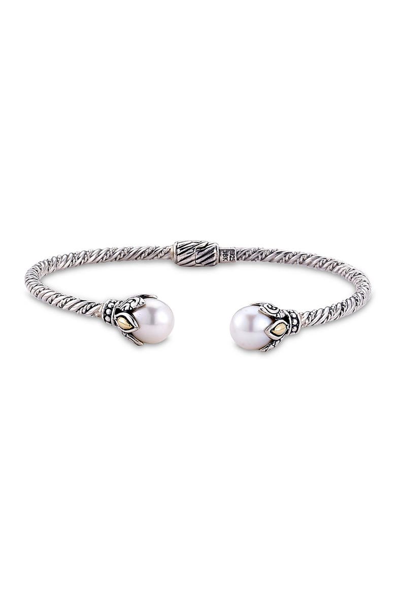 Sterling Silver & 18K Yellow Gold 8-9mm Freshwater Pearl Cable Bangle Bracelet, Main, color, WHITE