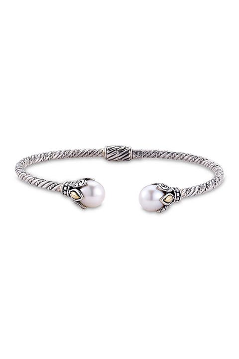 Sterling Silver & 18K Yellow Gold 8-9mm Freshwater Pearl Cable Bangle Bracelet