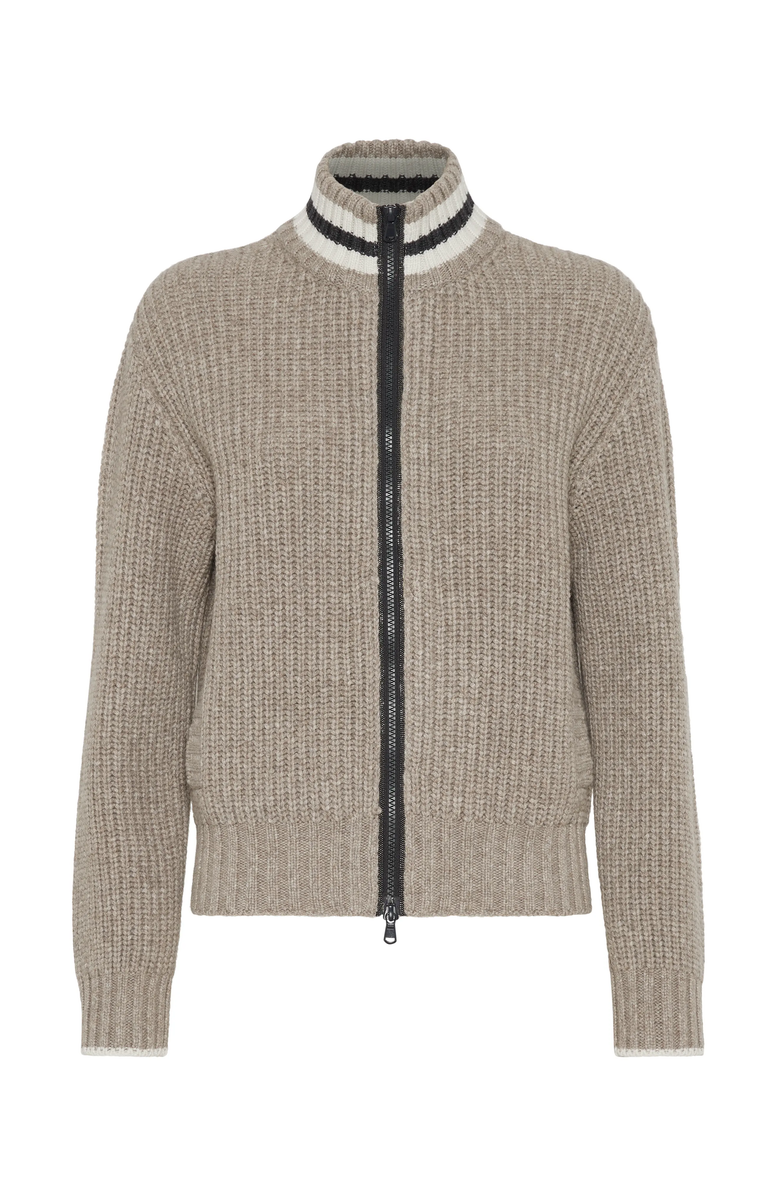 Brunello Cucinelli Cashmere Feather yarn English rib knit cardigan with shiny trims, Main, color, 