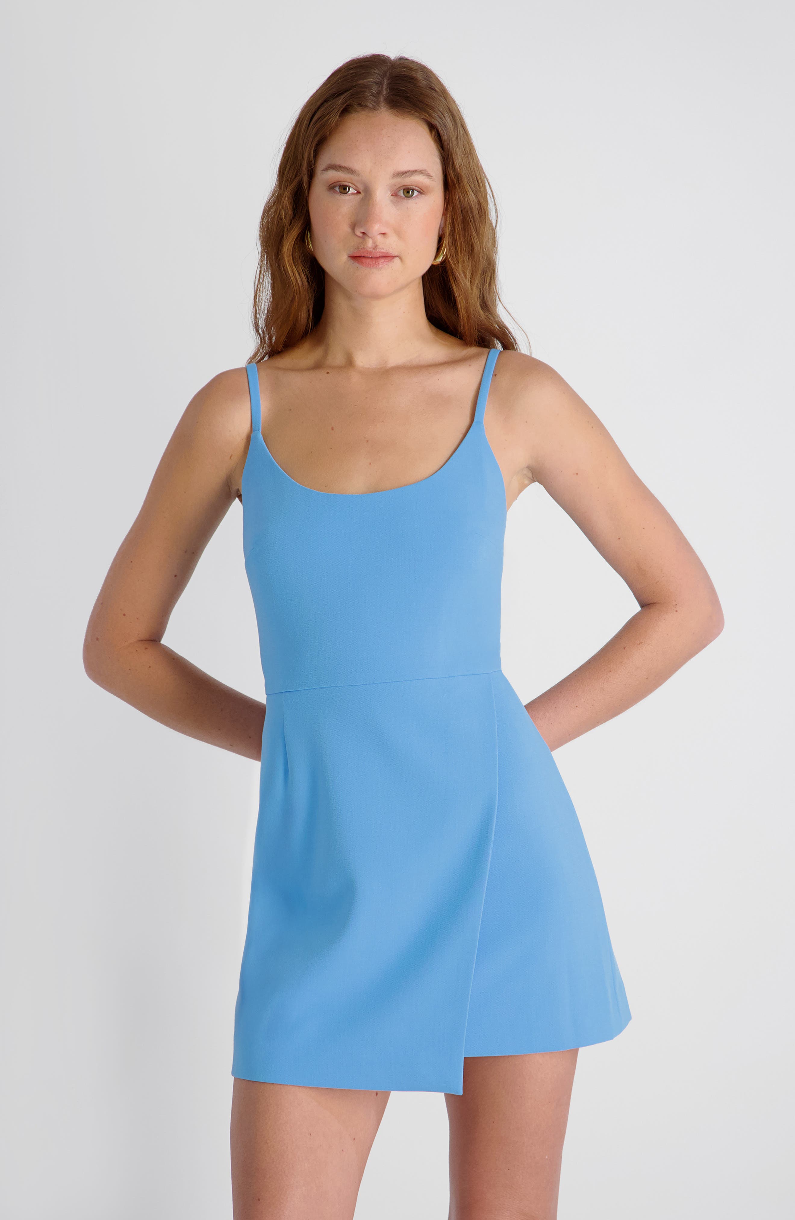 french connection whisper sleeveless asymmetric hem mini dress Whisper Scoop Neck Envelope Mini Dress in Pool Blue