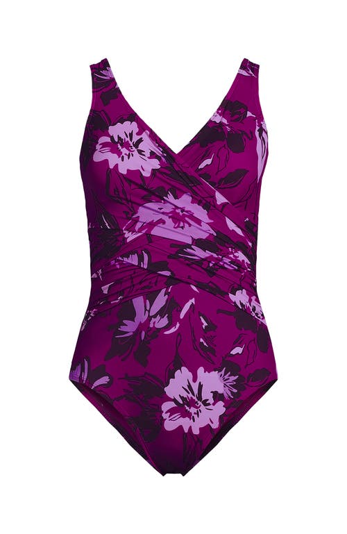 Lands' End Slender Suit Wrap One Piece Swimsuit In Crimson Rose Abstract Floral