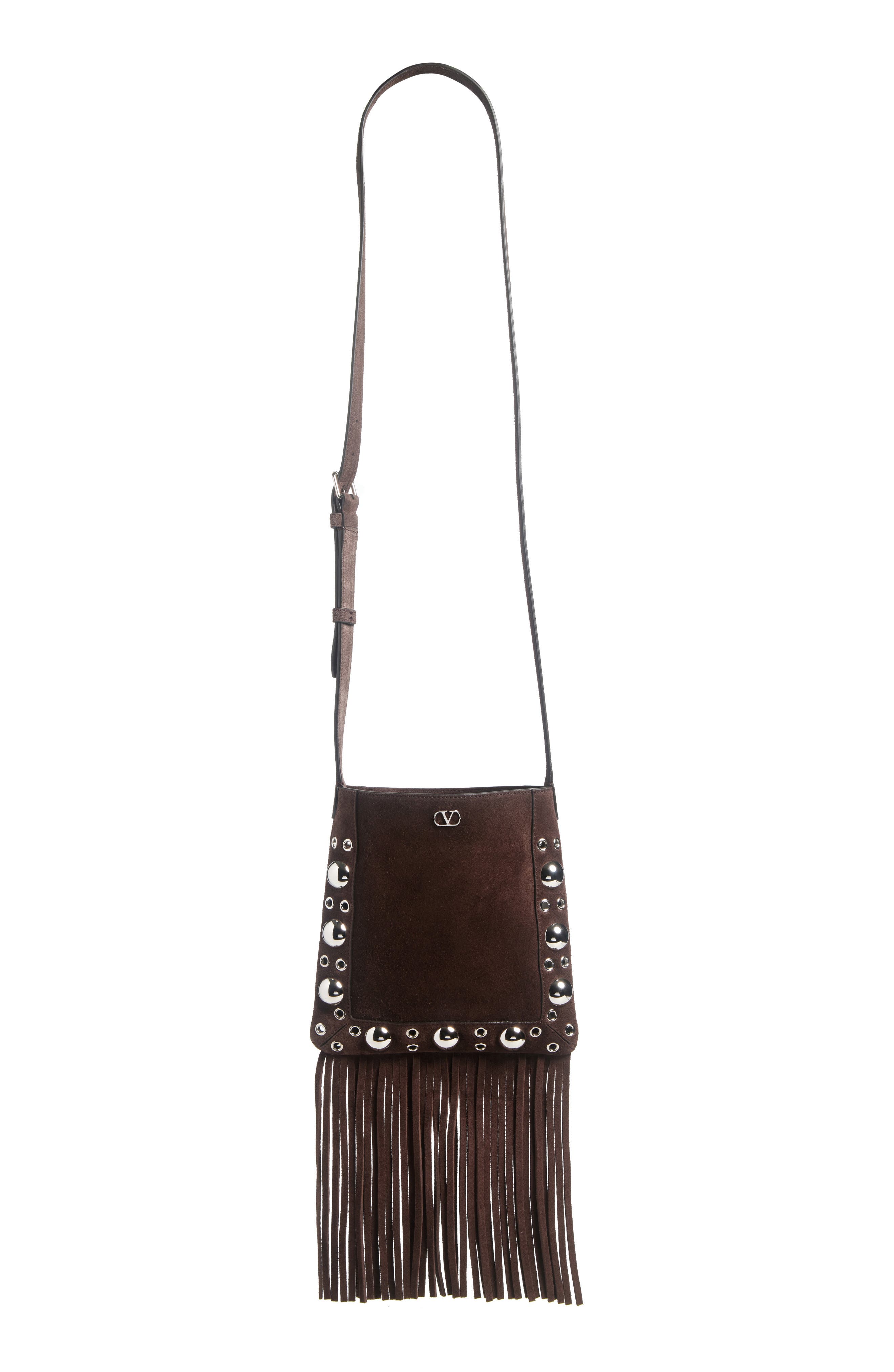 Valentino Garavani Small Nellcôte Fringe Stud Suede Crossbody Bag, Alternate, color, Brown