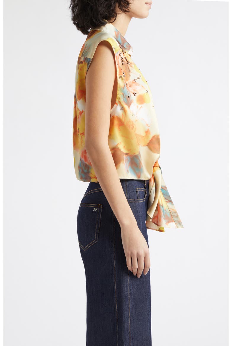 Watercolor Floral Crystal Embellished Tie Front Top, Alternate, color, SMOKE SAND MULTI