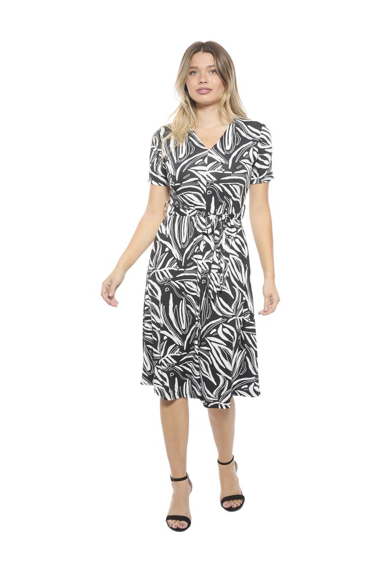 Womens Essential Abstract V-Neck Short Sleeve A-Line Midi Dress, Main, color, Black Multi