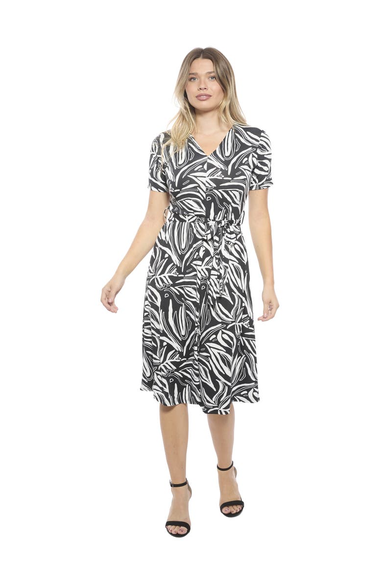 24seven Comfort Apparel Womens Essential Abstract V-Neck Short Sleeve A-Line Midi Dress, Main, color, Black Multi