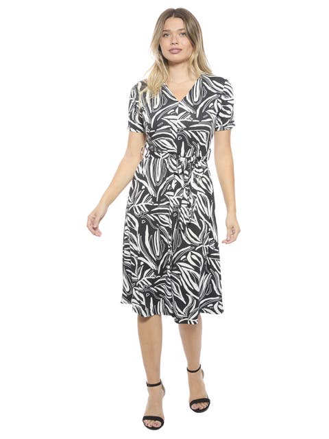 Womens Essential Abstract V-Neck Short Sleeve A-Line Midi Dress