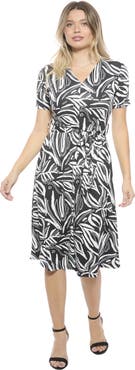 24seven Comfort Apparel Womens Essential Abstract V-Neck Short Sleeve A-Line Midi Dress