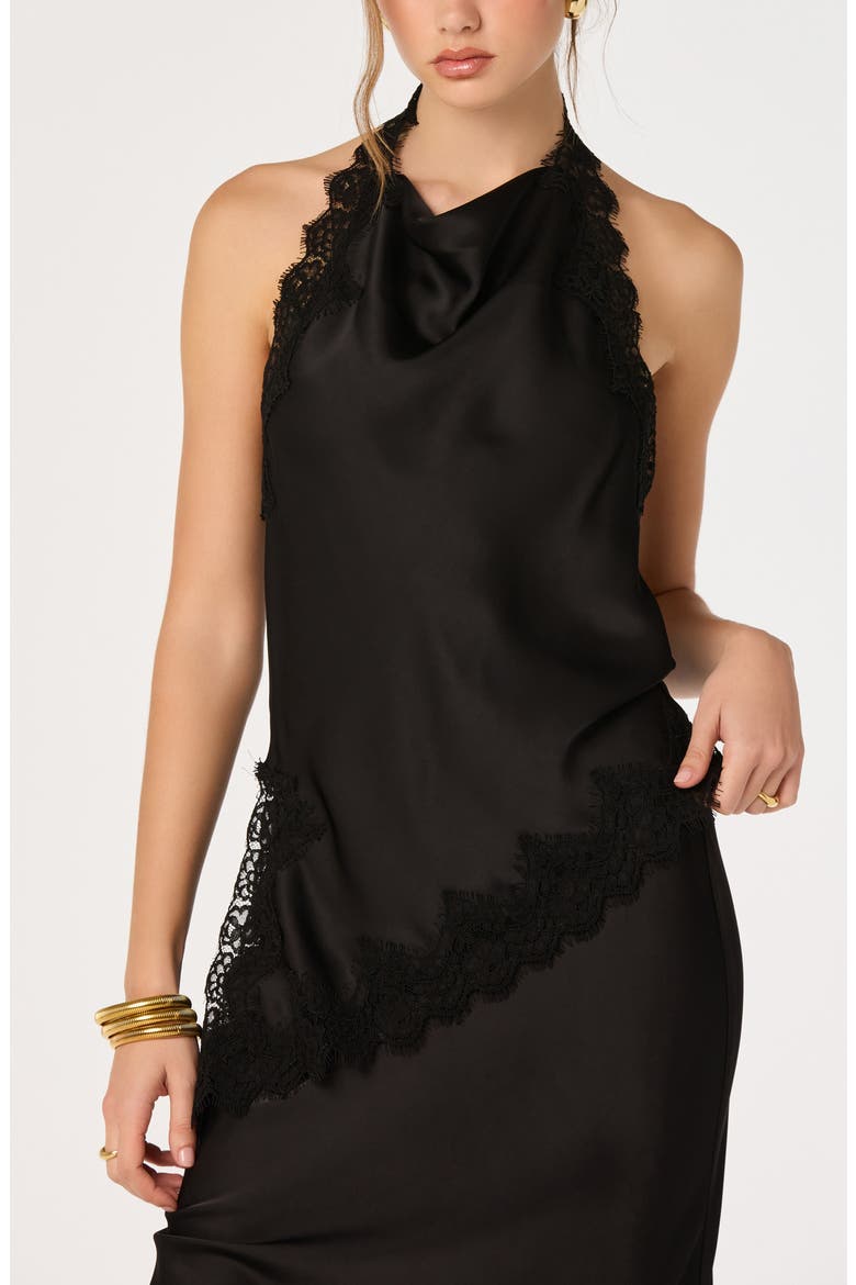 Amira Lace Trim Cowl Neck Satin Top, Main, color, BLACK