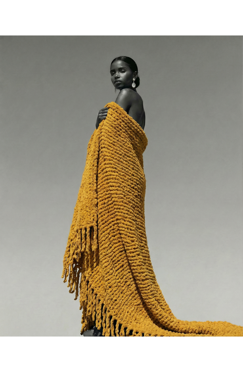 VILLA ABURI Chunky Chenille Knit Blanket with Fringe, Alternate, color, Saffron