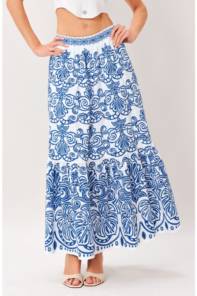 Tiered Cotton Maxi Skirt, Main, color, WHITE BLUE