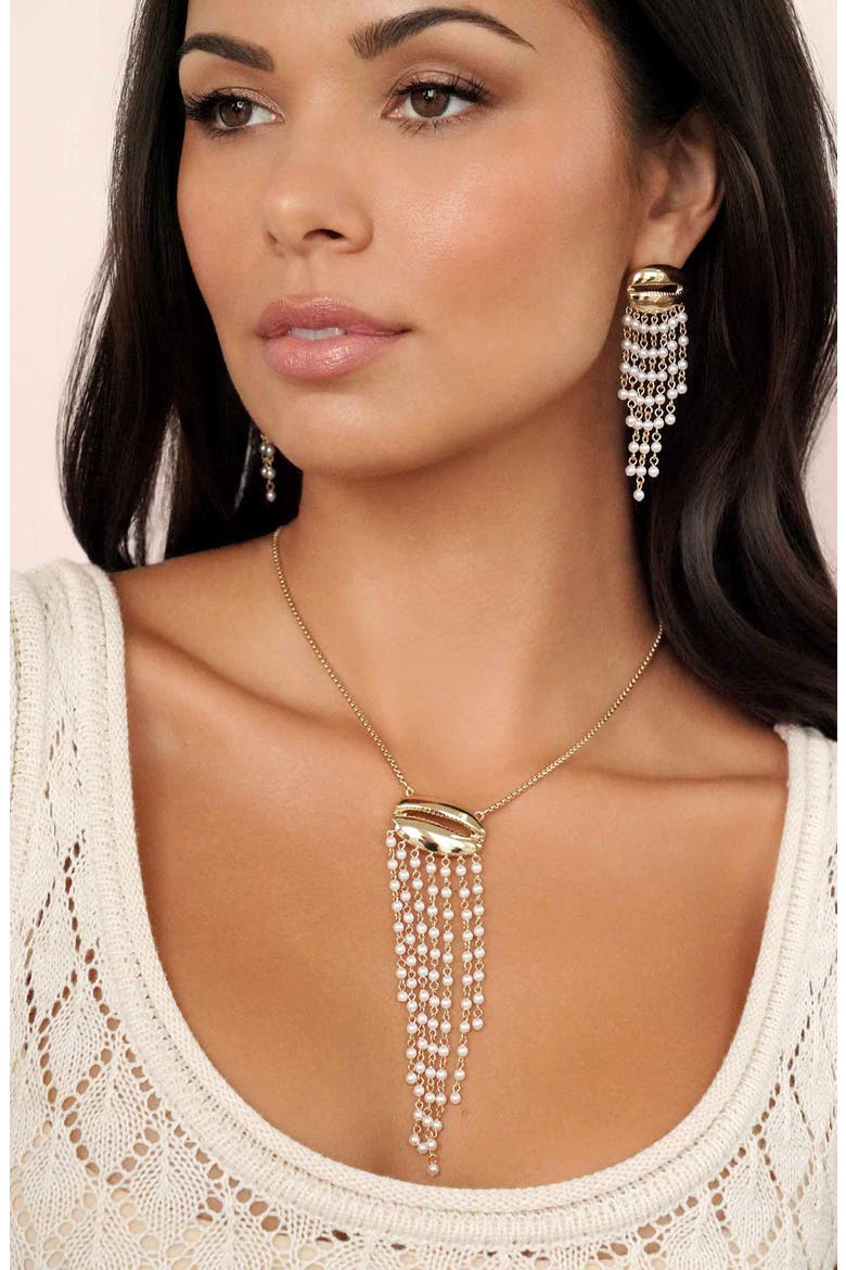 Mykonos Shell Faux Pearl Fringe Drop Earrings, Alternate, color, GOLD
