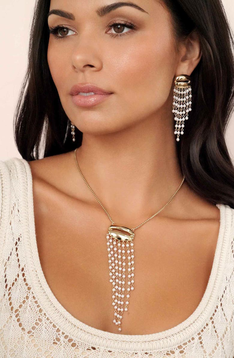Ettika Mykonos Shell Faux Pearl Fringe Drop Earrings, Alternate, color, Gold