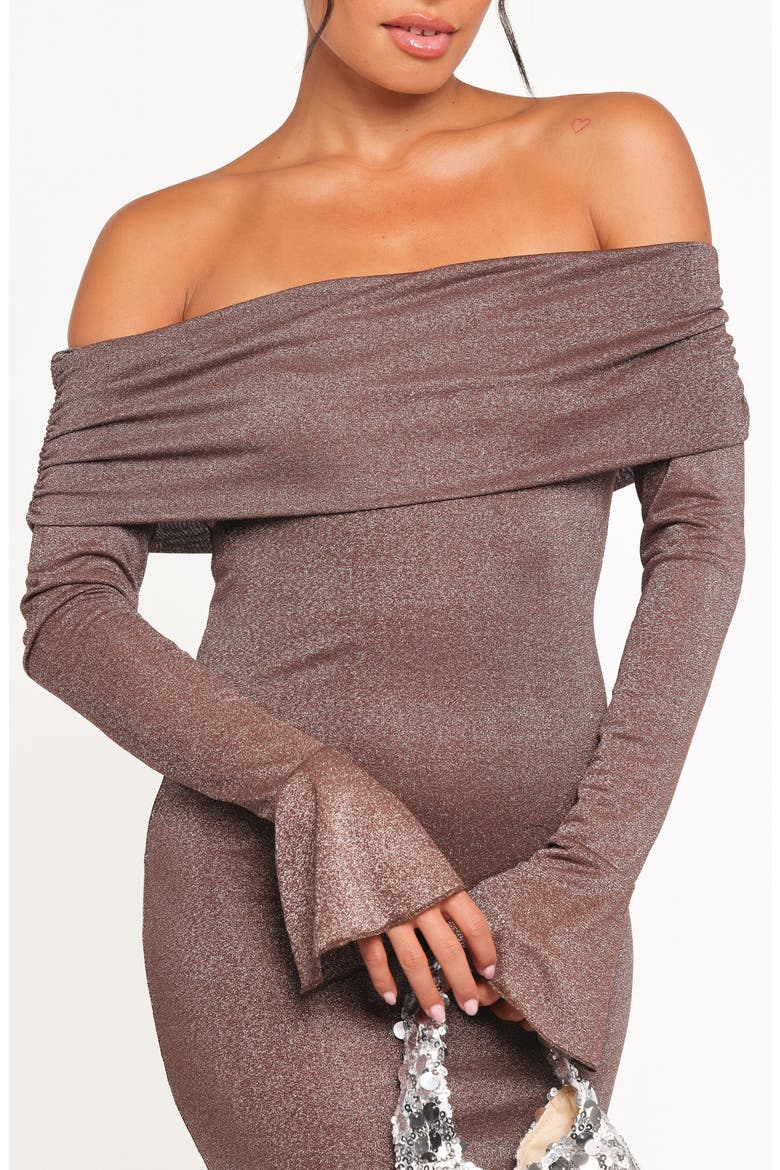 Oraton Metallic Off the Shoulder Long Sleeve Maxi Dress, Alternate, color, BROWN