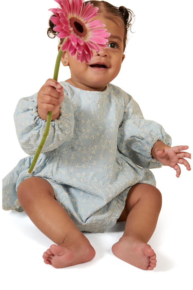Kids' Floral Embroidery Cotton Blend Romper, Alternate, color, WASHED BLUE