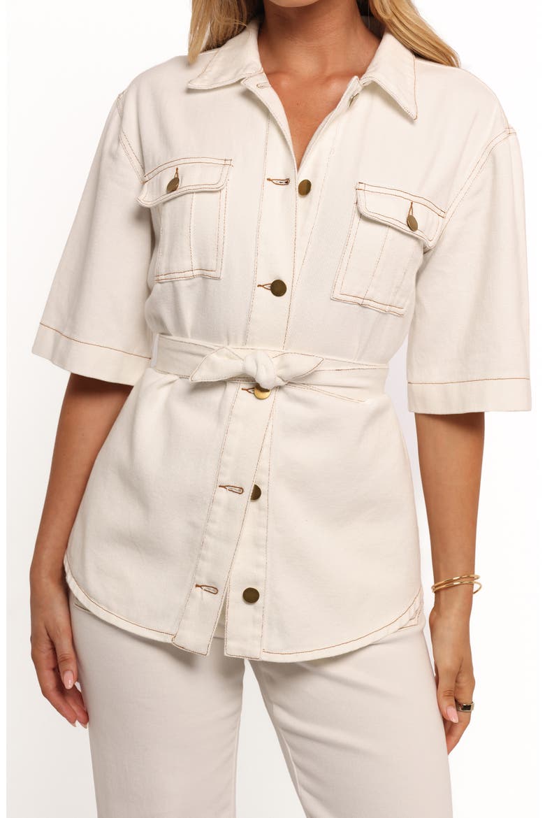 Lepal Belted Denim Short Sleeve Button-Up Shirt, Alternate, color, WHITE