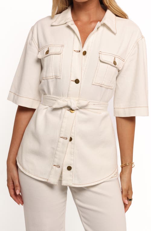 Petal And Pup Petal & Pup Lepal Belted Denim Short Sleeve Button-up Shirt In White