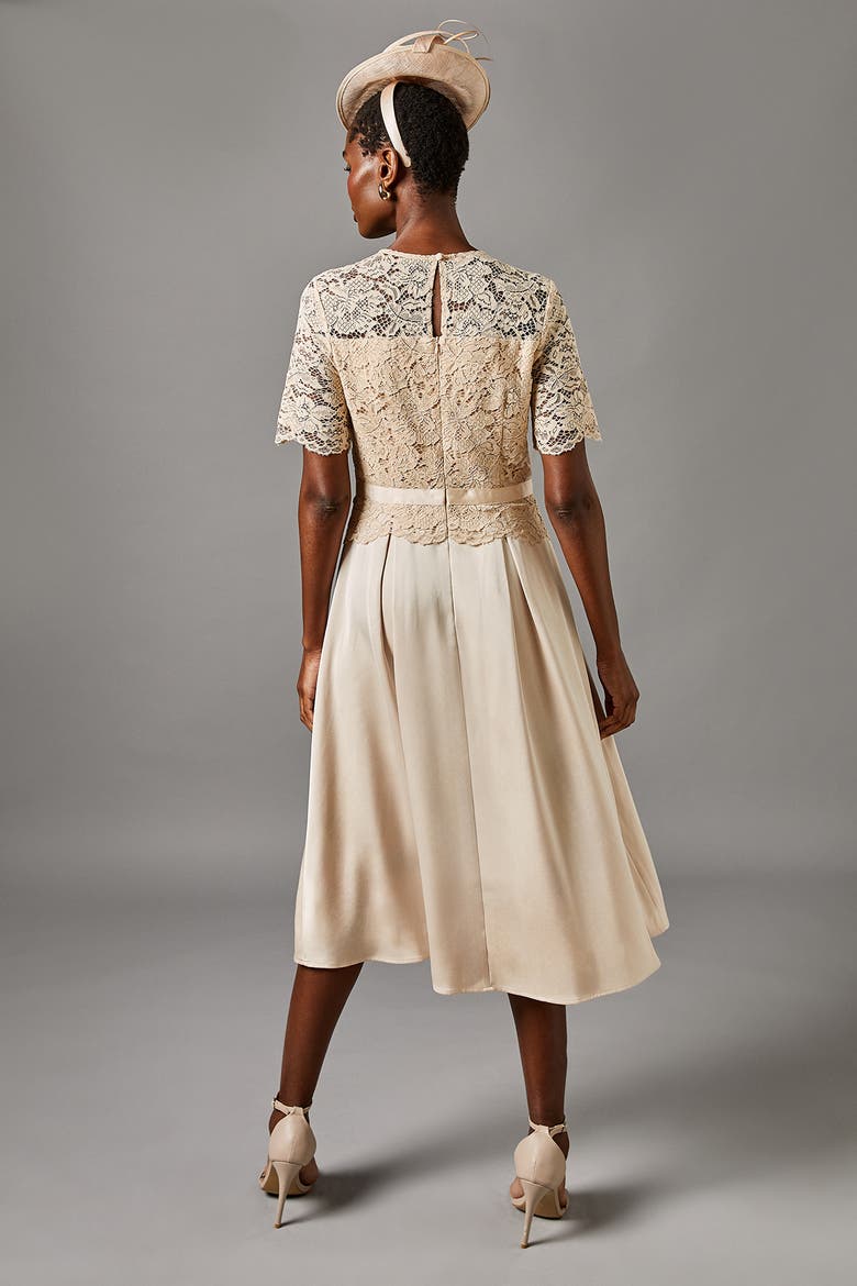 Lace And Crepe Full Skirted Midi Dress, Alternate, color, Champagne