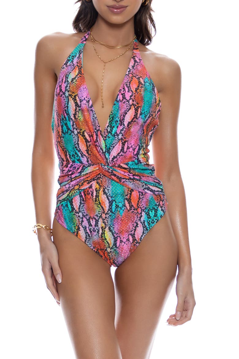Front Twist Halter One Piece Fuller Coverage, Main, color, Multi-purple