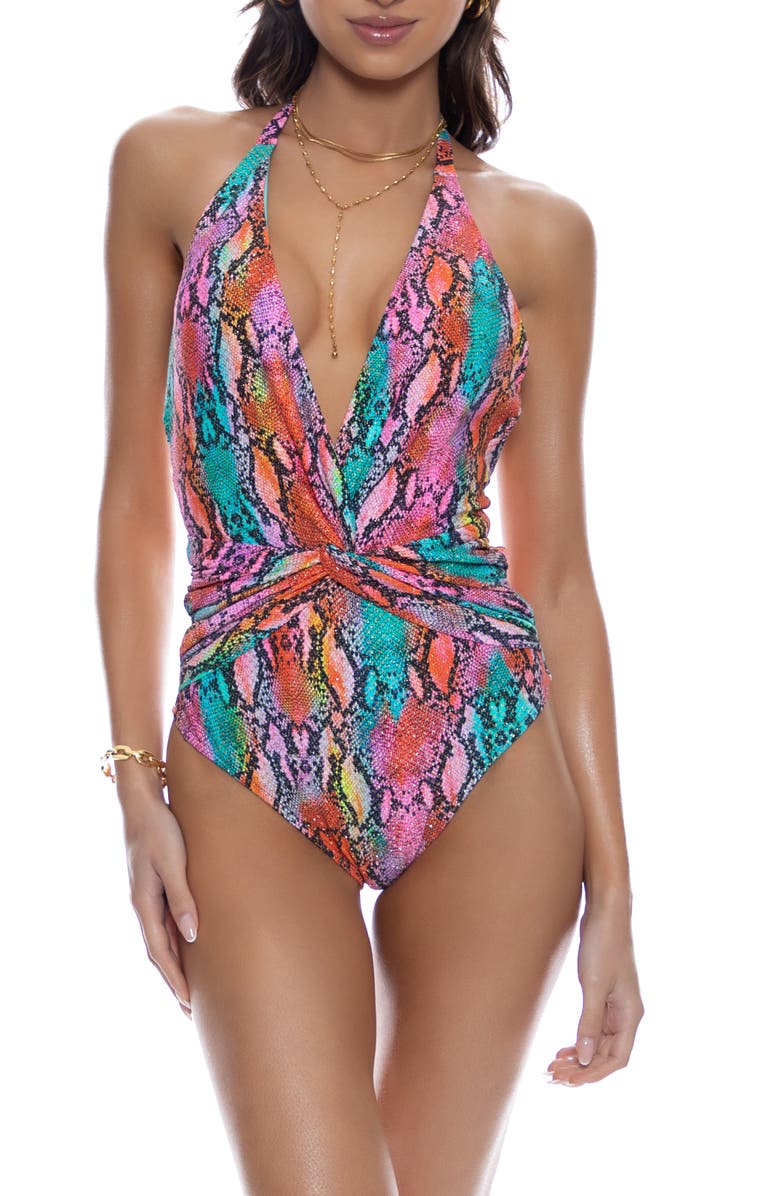 Luli Fama Front Twist Halter One Piece Fuller Coverage, Main, color, Multi-Purple