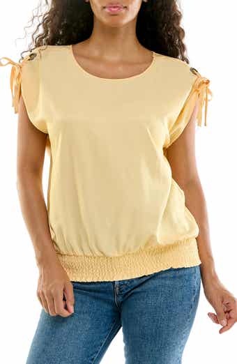 Scoop Neck Cap Sleeve Eyelet Top