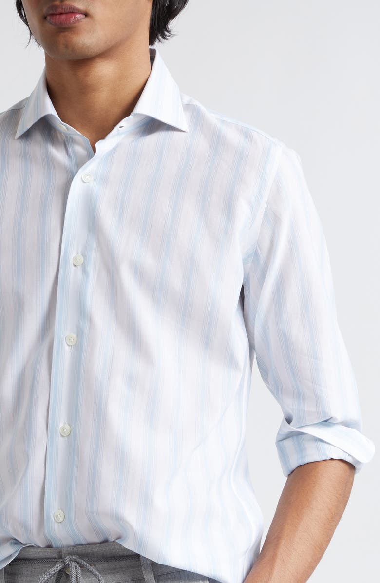 Eleventy Stripe Cotton & Linen Button-Up Shirt, Alternate, color, Baby Blue