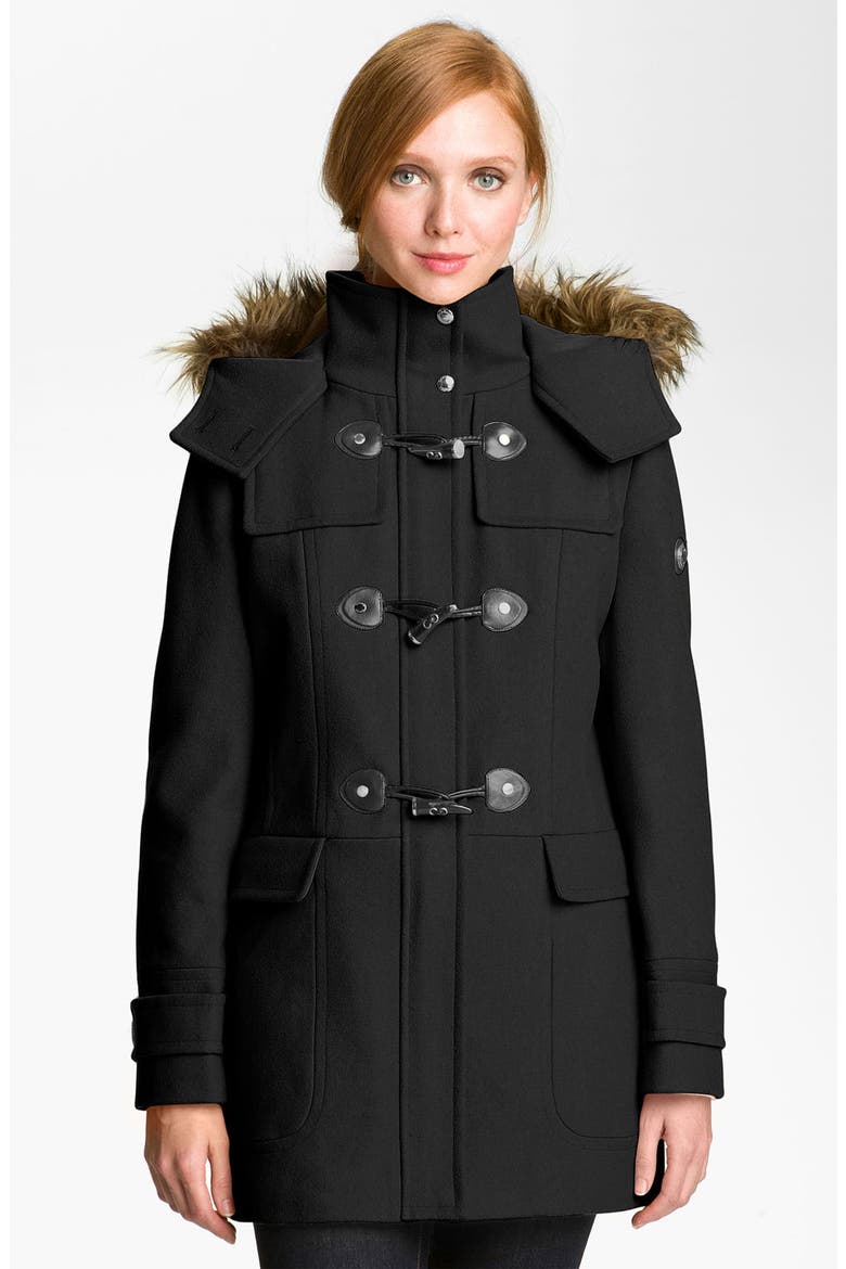 Faux Fur Trim Duffle Coat, Main, color, BLACK