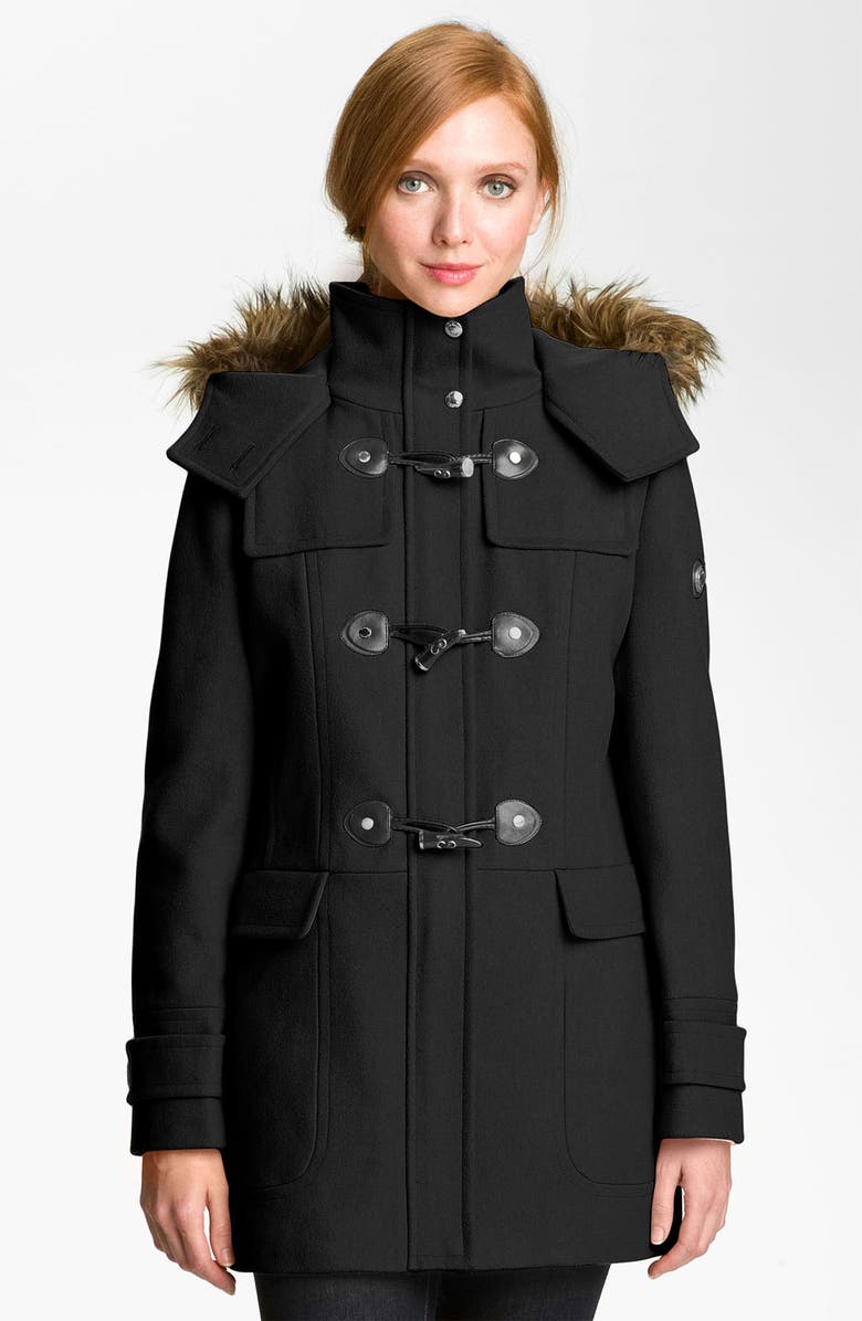 Calvin Klein Faux Fur Trim Duffle Coat, Main, color, 
