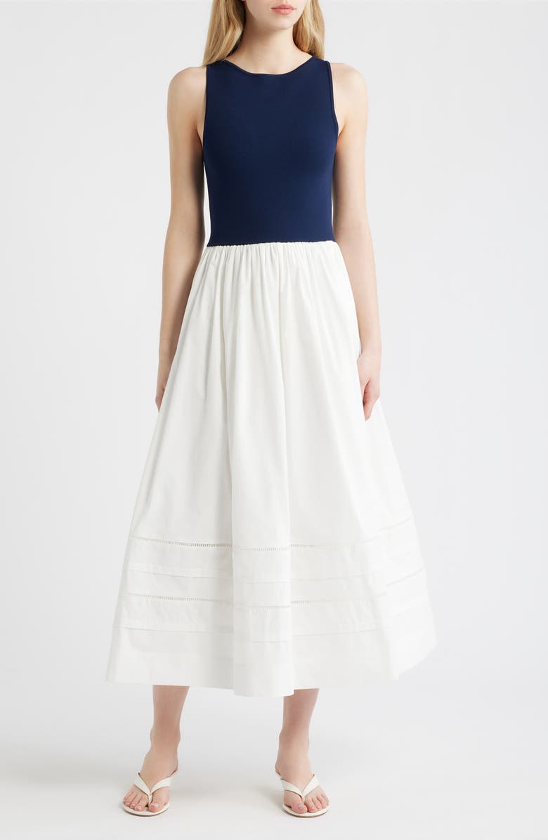 MOON RIVER Mixed Media Dress, Main, color, Navy/ Off White