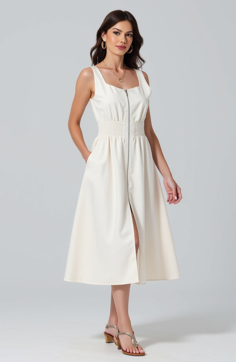 Modenaire Sleeveless Midi Dress with Smocked Waist, Alternate, color, Ivory