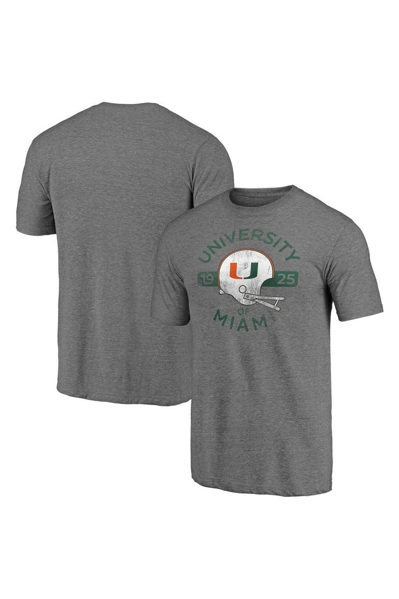 Men's Fanatics Branded Heathered Gray Miami Hurricanes Throwback Helmet Tri-Blend T-Shirt, Main, color, Heather Gray