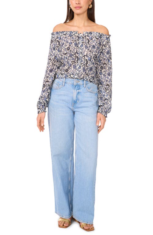 Two By Vince Camuto Floral Off The Shoulder Button-up Top In Denim