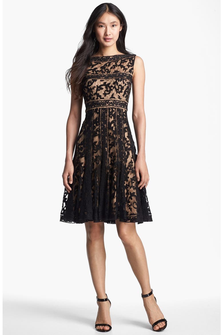 Embroidered Lace Fit & Flare Dress, Main, color, BLACK/ NUDE