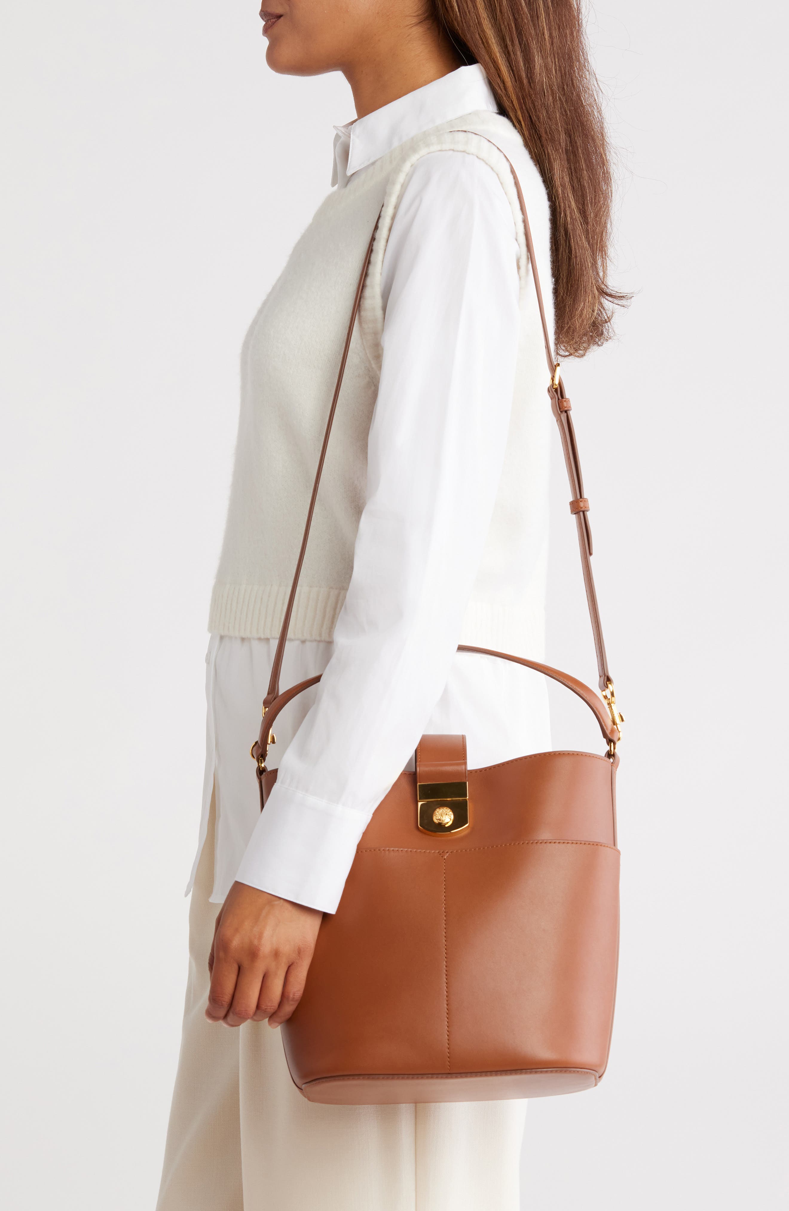 Veronica Beard The Crest Lock Leather Bucket Bag, Alternate, color, Hazelwood